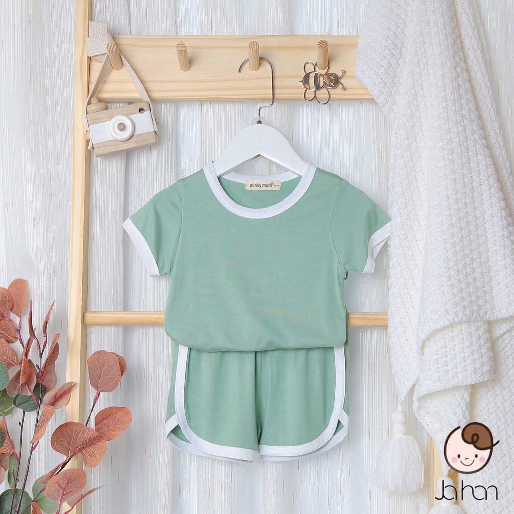 [Bé 7-19kg] Bộ ngắn tay cánh dơi thun lạnh màu trơn viền trắng Minky Mom cho bé trai bé gái từ 7-19kg