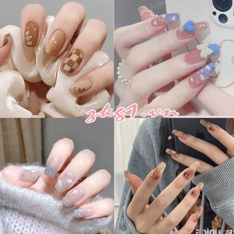 Set 24 móng tay giả trang trí nghệ thuật họa tiết trái tim ngọt ngào