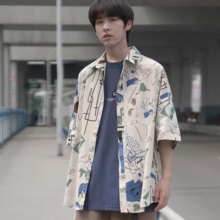 Áo Sơ Mi Mùa Hè Dáng Rộng Tay Ngắn In Hoạ Tiết Graffiti Thời Trang Mùa Hè Mới 2022 Cho Nam