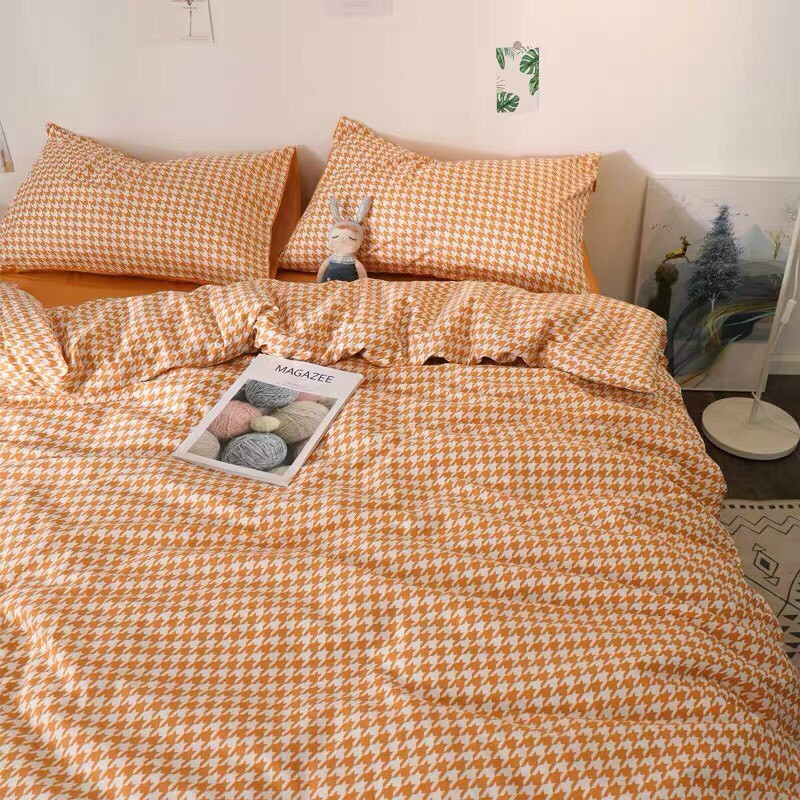 Bộ chăn ga gối drap giường chất cotton poly họa tiết kẻ cam