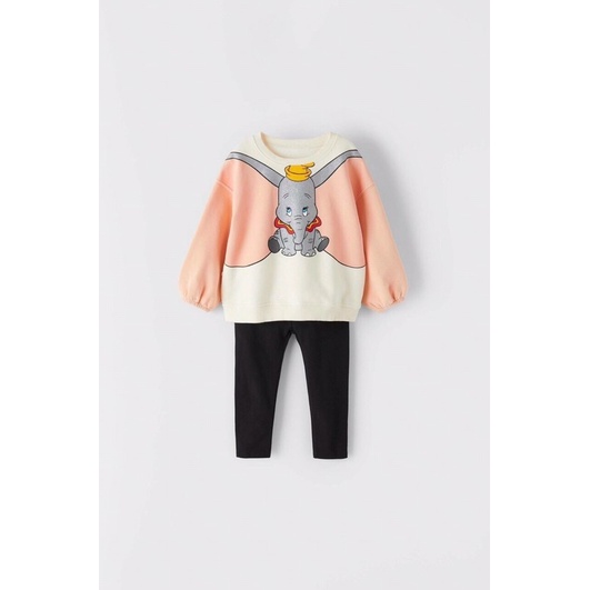 Bộ nỉ cotton dài tay bé gái Zara voi Dumbo xuất dư