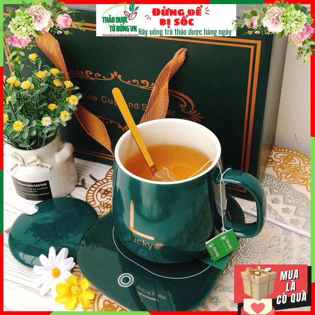Bộ Hâm Nóng Đồ LUCKY  Giữ Nhiệt Hâm Nóng Đồ Uống 460ml Gồm Cốc, Đế Điện, Thìa Mạ Vàng Sang Chảnh
