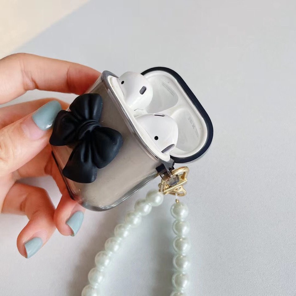 Vỏ bảo vệ hộp sạc tai nghe Airpods 1/ 2/ pro mềm đính nơ ngọc trai thời trang