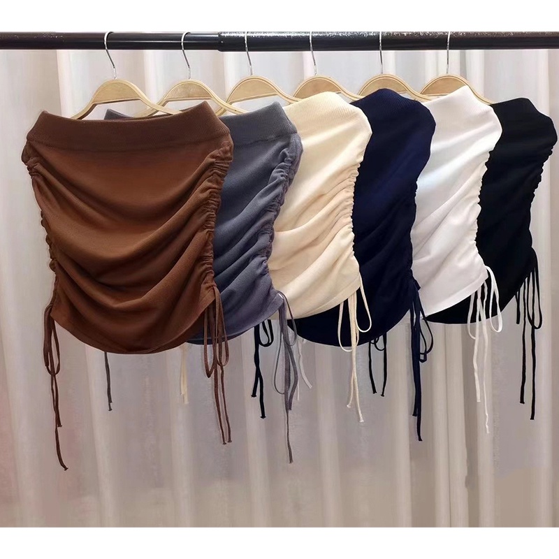 Chân Váy Lưng Cao Màu Trơn Phối Dây Rút Thời Trang Cho Nữ