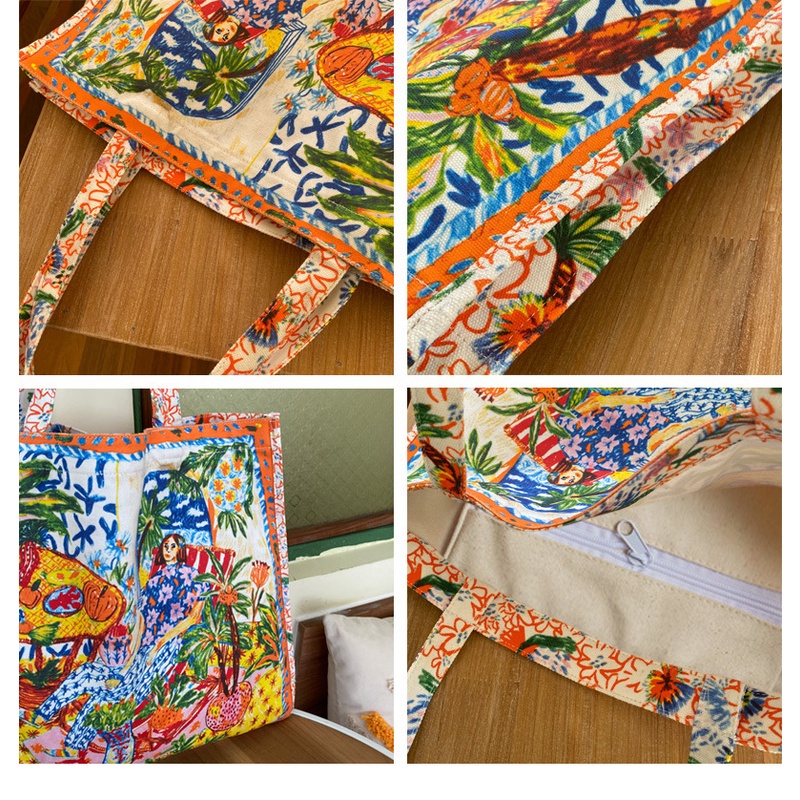 Túi Xách Canvas Hai Mặt In Họa Tiết Hoa Thời Trang Cho Nữ