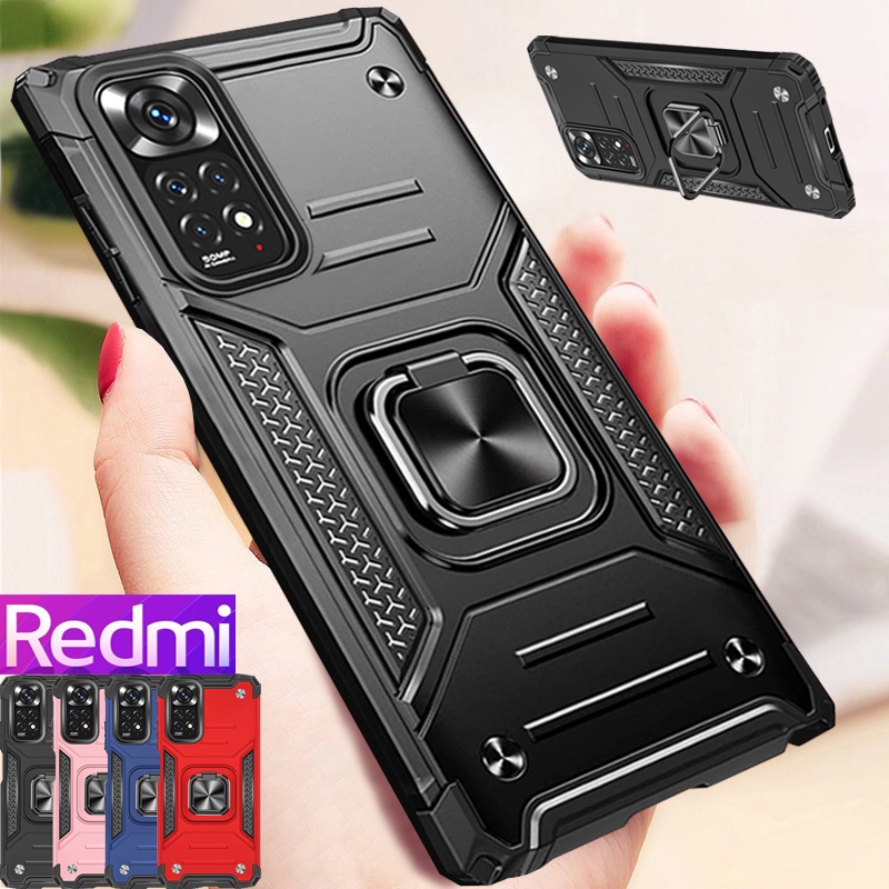 Redmi Note 11 Pro Note 11S Note 10 Pro Note 10S Note 9 Pro Note 9S Redmi 10C 9C 9T Vỏ điện thoại áo giáp cứng chống sốc sang trọng với chân đế kim loại xoay