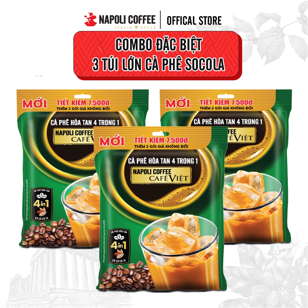 3 Túi Lớn Cà Phê Socola Sữa Đá 4in1 Napoli Coffee Từ Arabica &amp; Robusta Hạt sạch(18 gói x 29g)