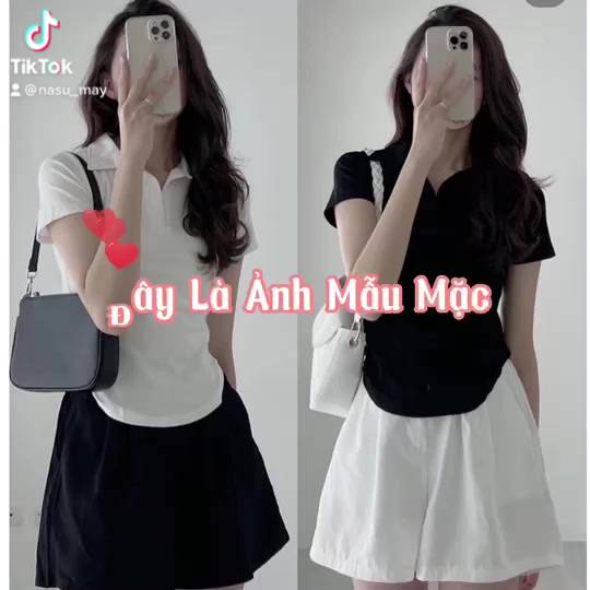 Áo Polo Croptop Nữ Vạt Bầu Cồ Bẻ Đen Trắng Tay Ngắn | BigBuy360 - bigbuy360.vn