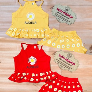 SIZE 1-8 (9-23KG) ĐỒ BỘ BÉ GÁI ÁO DÂY CỔ YẾM QUẦN ĐÙI VẢI THUN COTTON IN HÌNH HOA CÚC