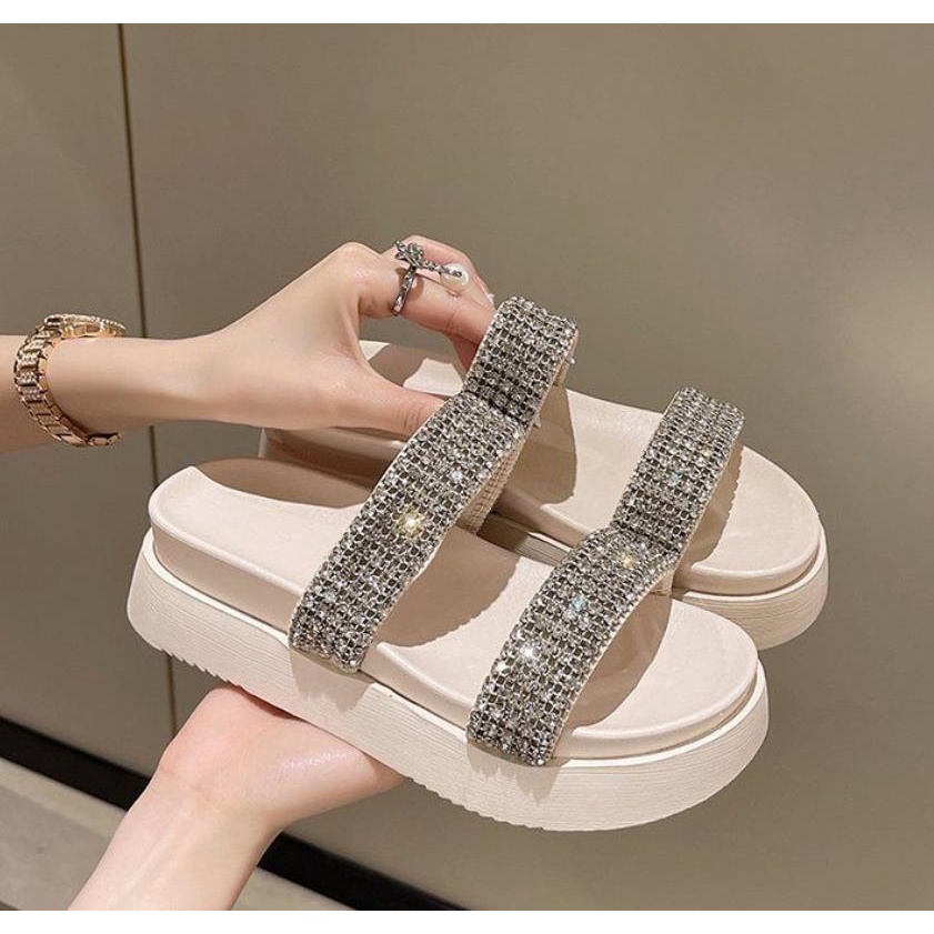 Dép Sandal Đế Dày 5Cm Đính Đá Thời Trang Đi Biển Phong Cách Hàn Quốc Cho Nữ