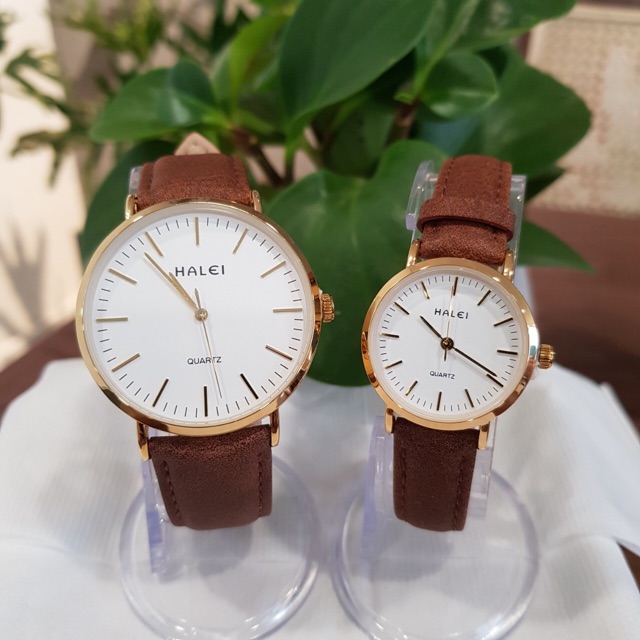 Đồng hồ đôi nam nữ Halei dây da nâu mặt số vạch chính hãng Tony Watch 68