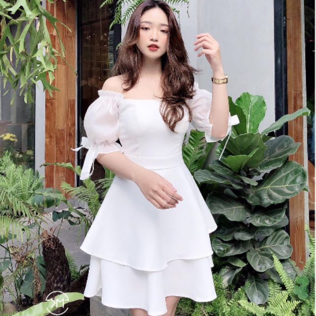 Đầm dự tiệc trễ vai tay phồng cột nơ