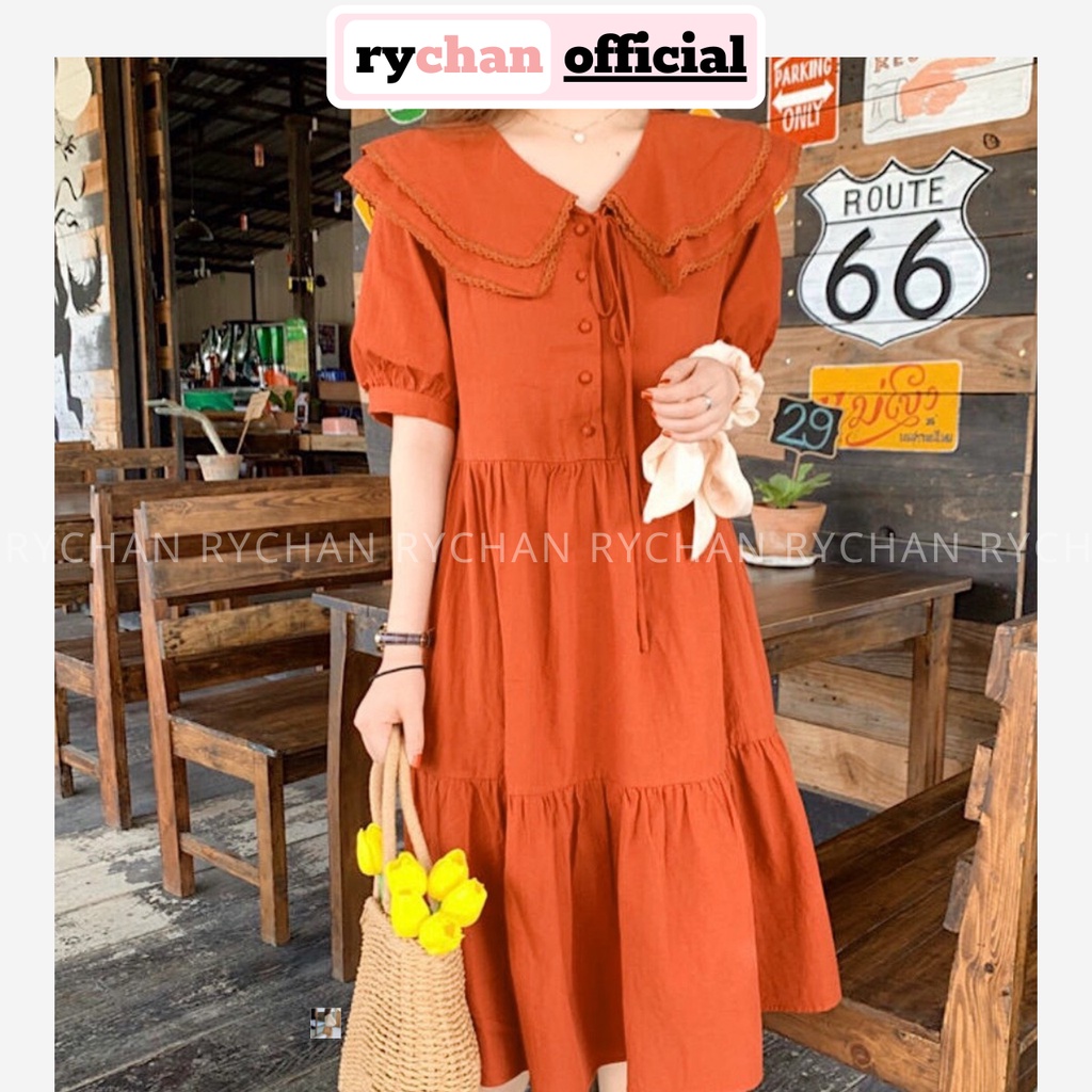 [ẢNH THẬT CUỐI] Đầm Xòe Babydoll Cam Nhún Tầng Nơ Cổ - DX894