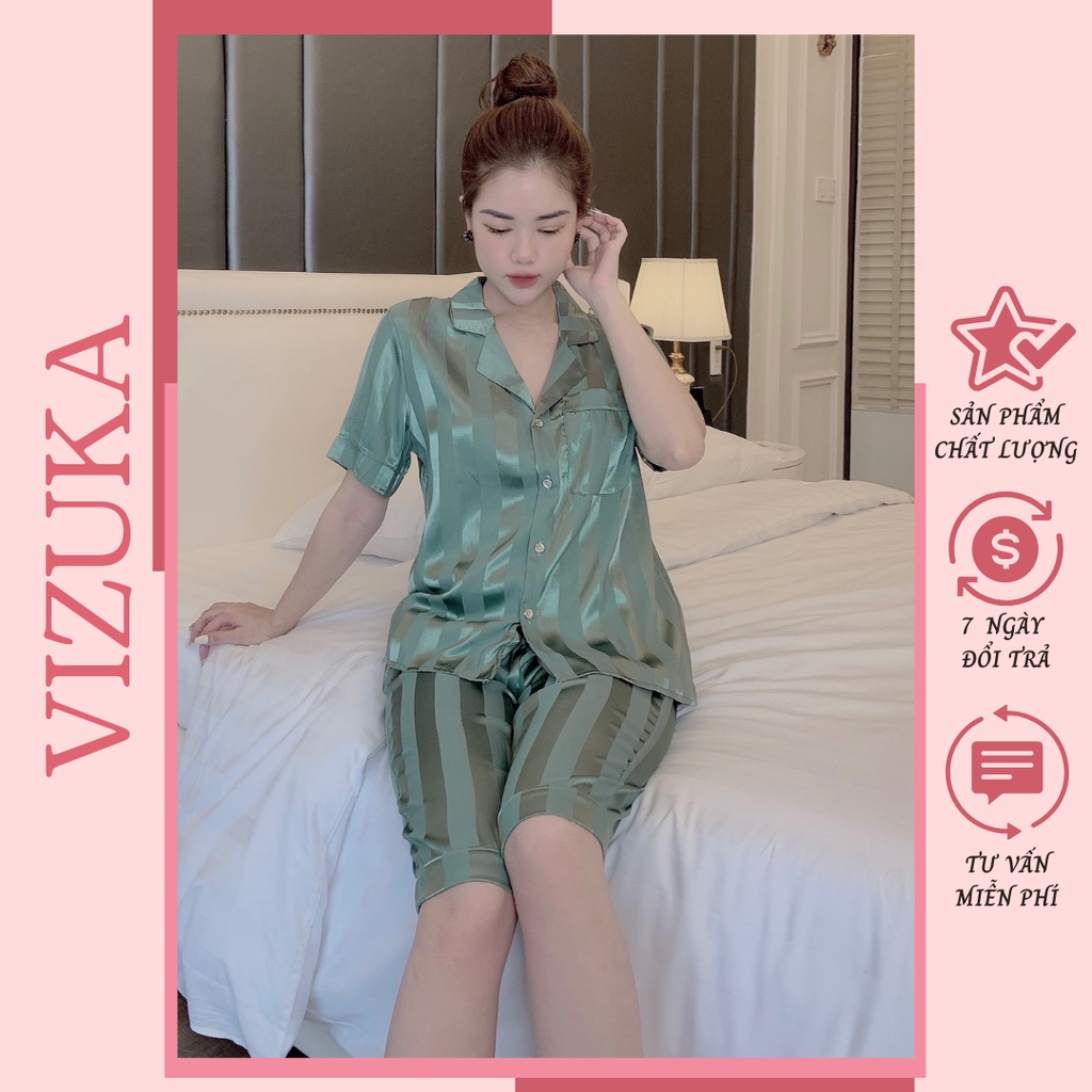 Đồ bộ nữ pijama lụa gấm tay ngắn quần lửng chất liệu gấm tơ mát lạnh VIZUKA DB4001