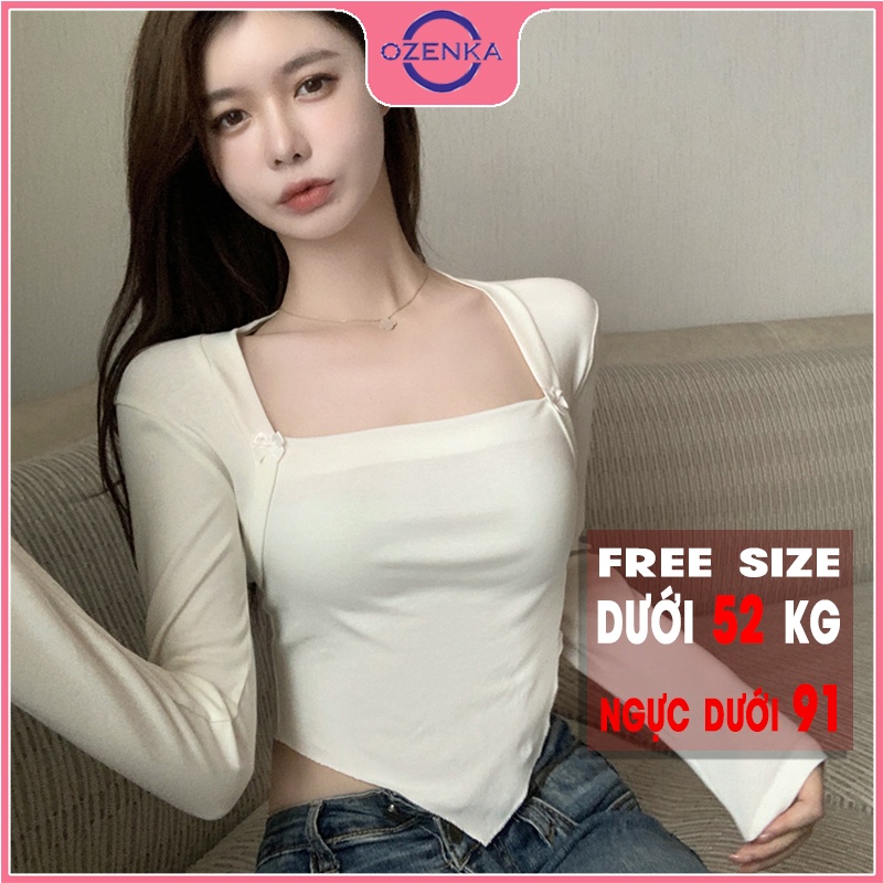 Áo croptop tay dài cổ vuông vạt yếm OZENKA , crt ôm nữ đen trắng thun gân 100% cotton free size dưới 52 kg