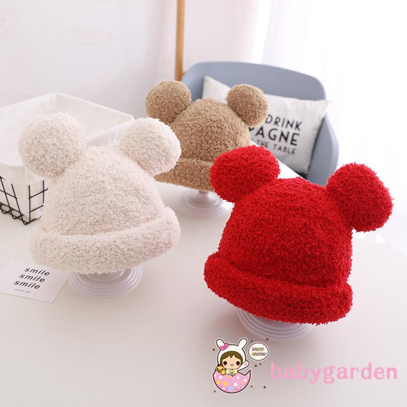 Mũ trùm đầu len lông cừu màu trơn đính hai quả bóng lông xinh xắn thời trang dành cho trẻ em