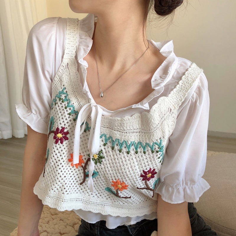 Áo Croptop Dệt Kim Hai Dây Thêu Họa Tiết Hoa Phong Cách Vintage