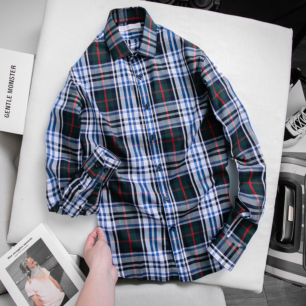 Sơ mi họa tiết nam đủ size - kẻ xanh BBR