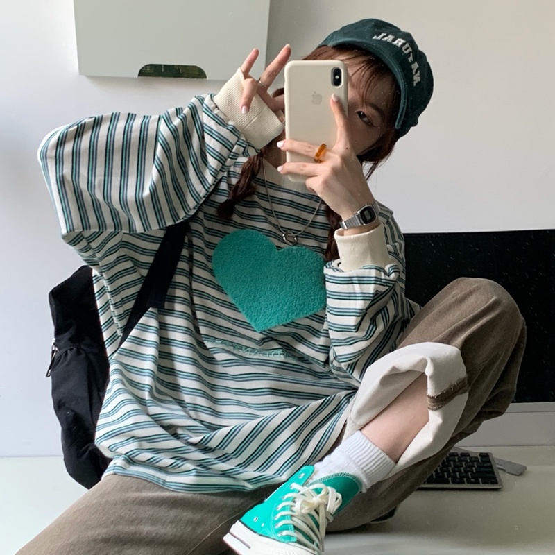 Áo Thun Tay Dài Cổ Tròn Kẻ Sọc Thêu Họa Tiết Thời Trang Hàn Quốc 2 Màu Tùy Chọn Cho Nữ | BigBuy360 - bigbuy360.vn