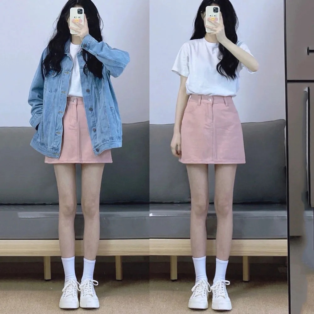 Chân Váy Chữ A Lưng Cao Chất Liệu Denim Màu Xanh Lá Thời Trang Mùa Hè Hàng Mới