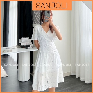 Váy Hoa Nhí Vintage SANJOLI Đầm Dự Tiệc Cưới Nữ Vải Voan Dáng Dài thiết kế kiểu Hàn Quốc cao cấp, đi chơi công sở VD047