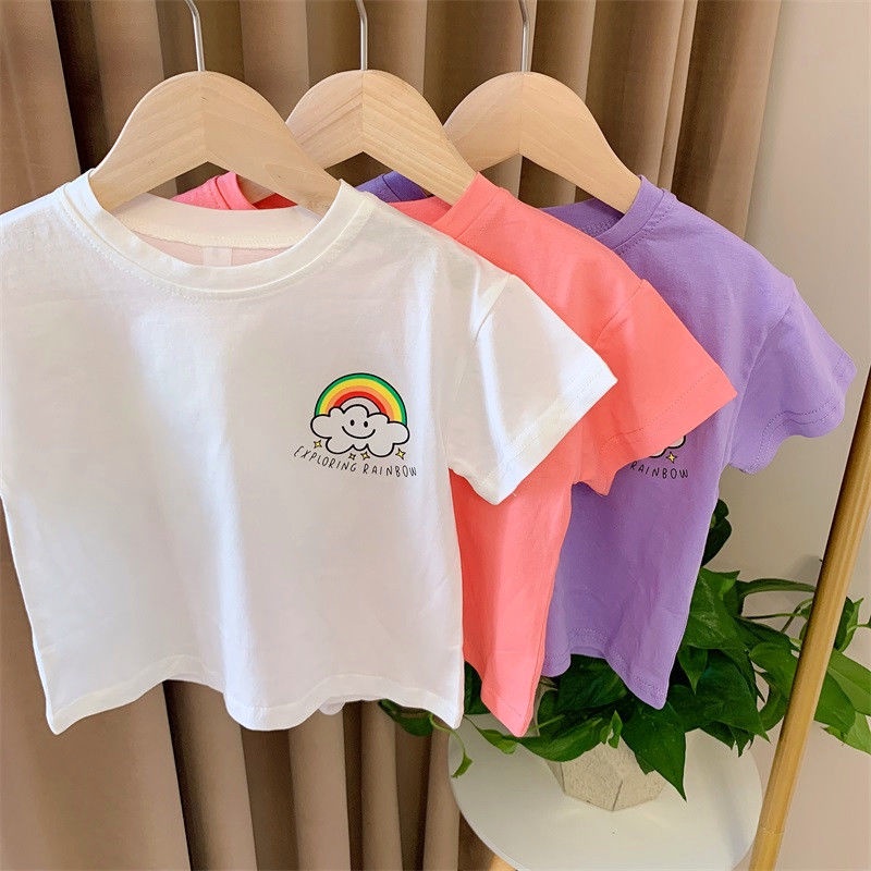 Set Áo Thun Ngắn Tay Và Quần Short Denim In Hoa Mới Cho Bé Gái