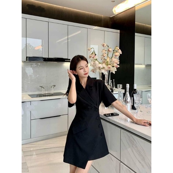 Đầm vest tà xéo phối nút bọc cao cấp