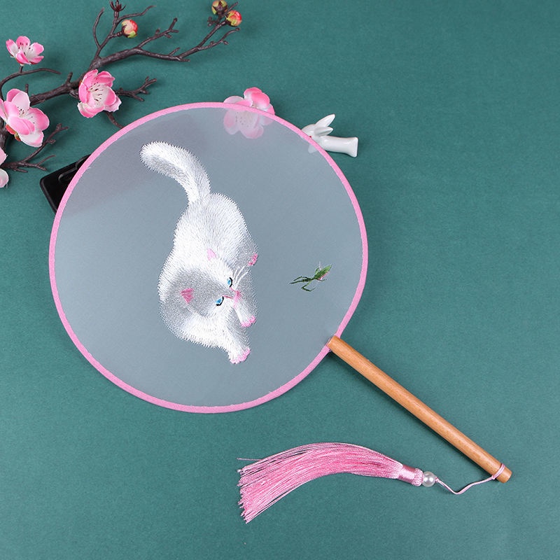 Quạt Cầm Tay Dài Hình Tròn Thêu Họa Tiết Phong Cách Trung Hoa Cổ Điển Dùng Làm Phụ Kiện Khi Múa/Khiêu Vũ