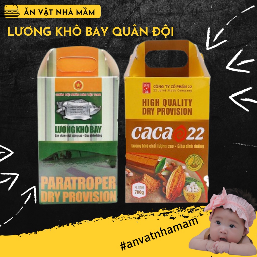 Lương khô Bay quân đội công ty cổ phần 22, lương khô cacao và truyền thống, giàu dinh dưỡng, có mix vị, hộp 1 kg & 700gr