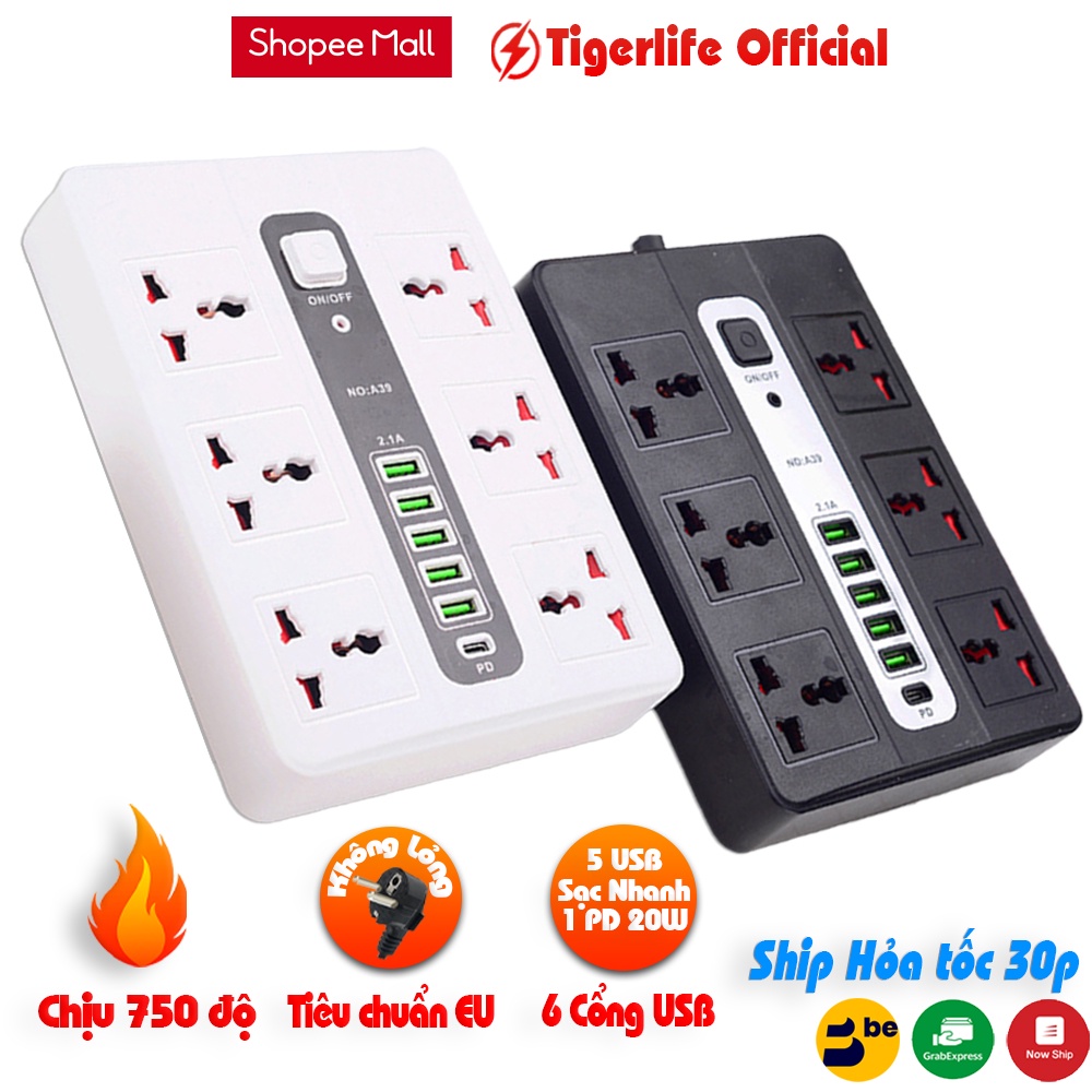 Ổ cắm điện đa năng Tigerlife GKKA39 Tích hợp 6 ổ cắm 6 cổng sạc 1 cổng sạc nhanh PD Chịu tải 2500w