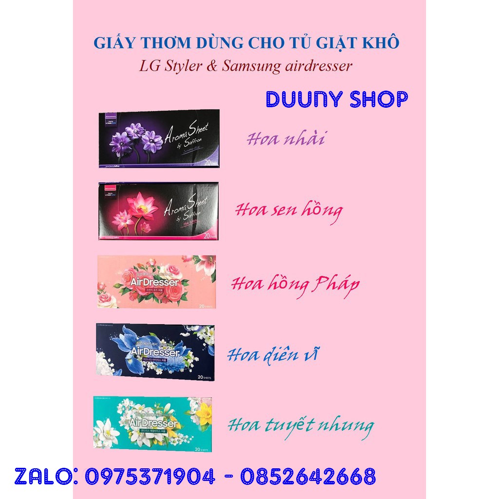 [SHOP UY TÍN] CHÍNH HÃNG AROMA/SAMSUNG Giấy thơm quần áo hương hoa tuyết nhung dùng máy giặt khô LG styler và Samsung