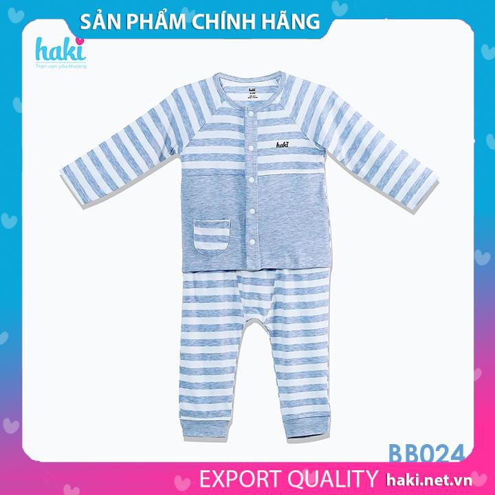 Bộ quần áo dài tay cài giữa, túi tròn cho bé vải sợi tre cao cấp Haki BB024