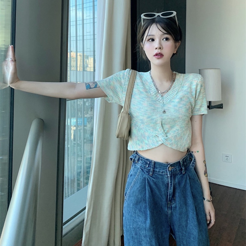 Áo Crop Top Dệt Kim Tay Ngắn Cổ Chữ V Lưng Cao Nhiều Màu Thời Trang Xinh Xắn Cho Nữ