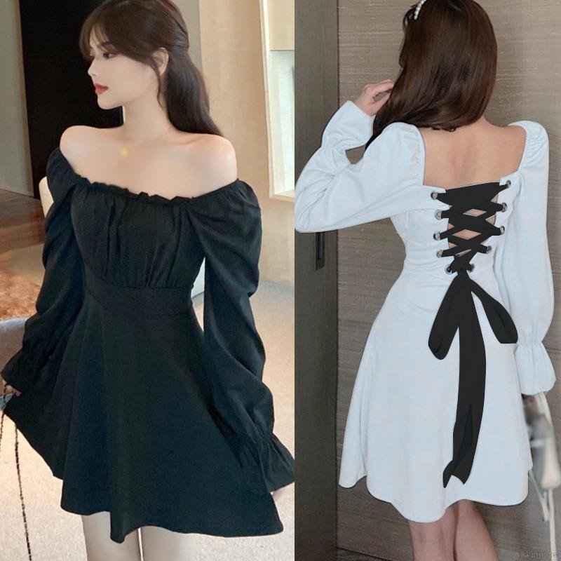 Đầm Tay Dài Cổ Vuông Thiết Kế Hở Lưng Quyến Rũ Cho Nữ