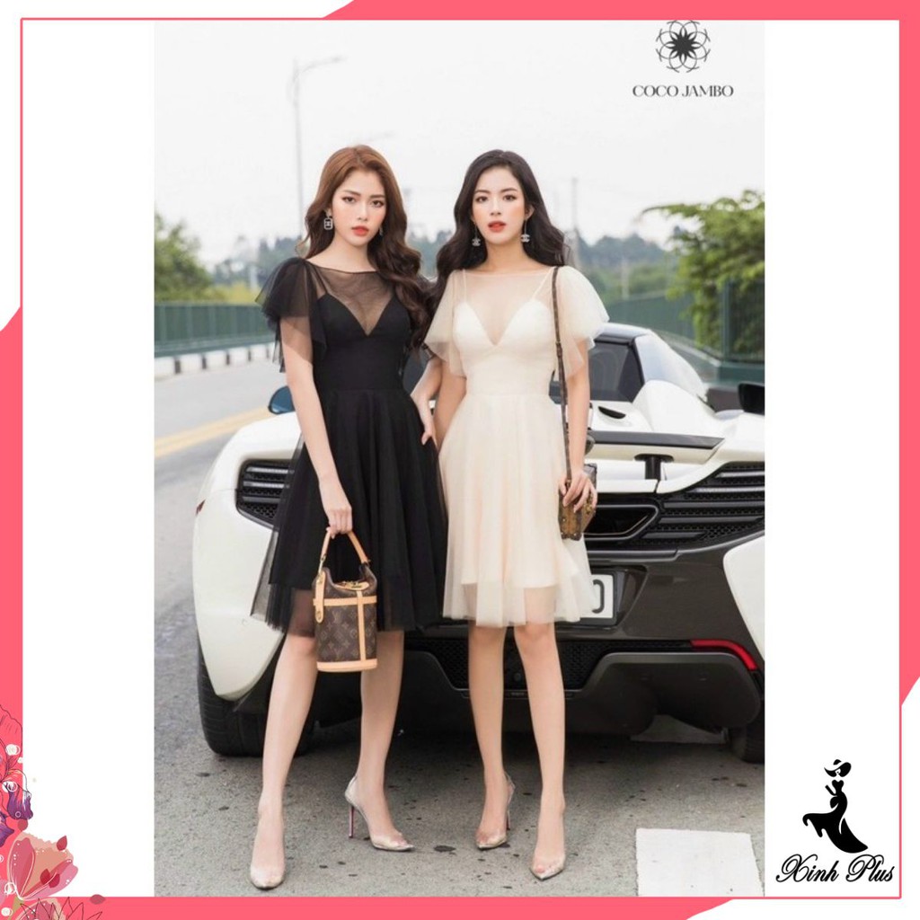 Đầm xoè khoét ngực phối lưới cổ và lưới tay
