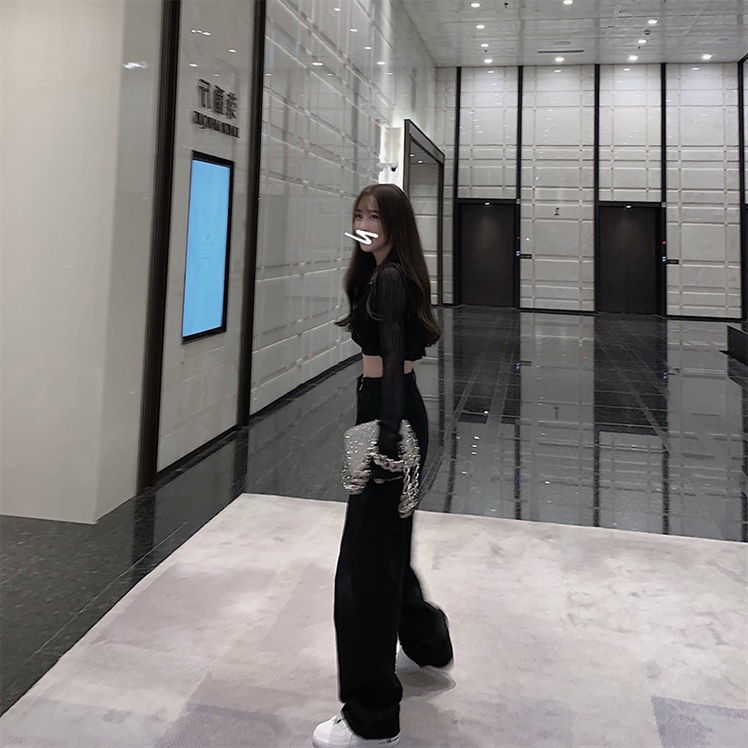 Cocory vn Quần jeans lưng cao ống rộng thời trang cho nữ