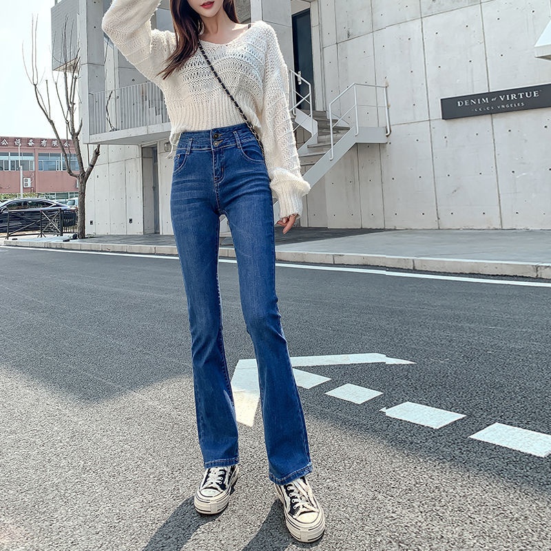 Quần Jeans Lưng Cao Ống Loe Size Lớn Phong Cách Hàn Quốc 2021