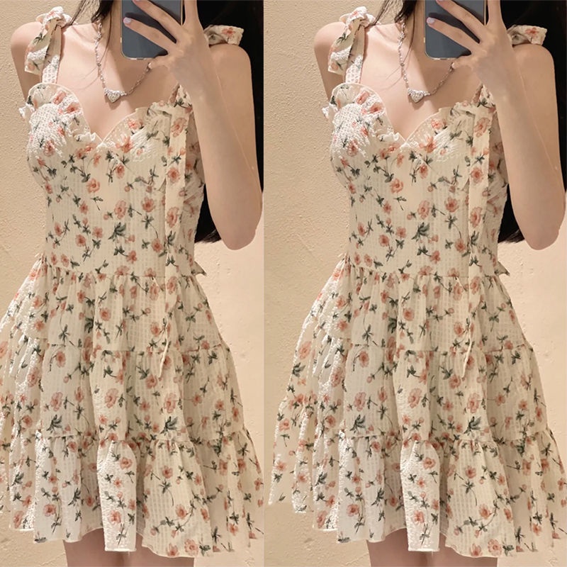 Đầm Hai Dây Mỏng Dáng Chữ a In Họa Tiết Hoa Phong Cách Pháp Ấm Áp Cho Nữ