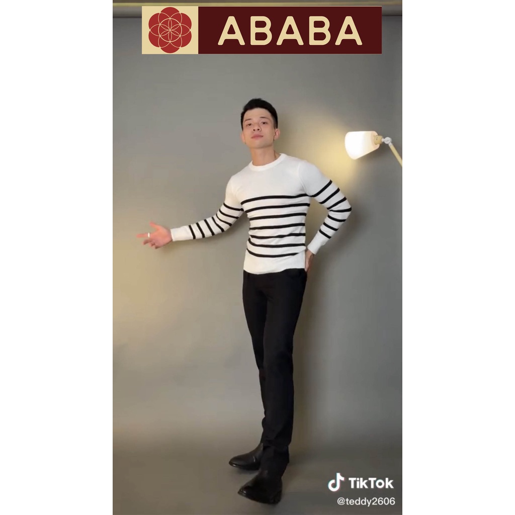 Áo len nam cổ tròn Hàn Quốc ABABA, tay dài cổ tròn, kẻ toàn thân m9 ABA-04