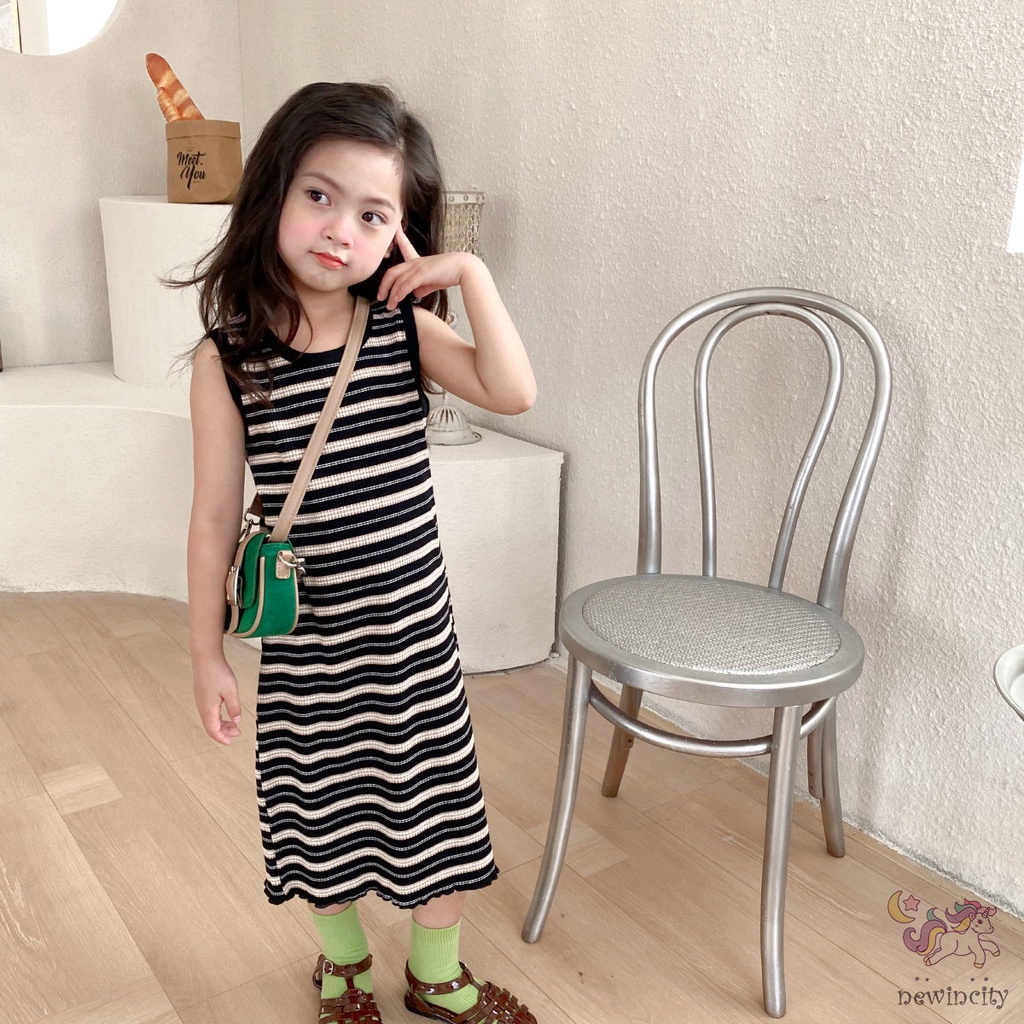 Đầm Sát Nách In Họa Tiết Kẻ Sọc Thời Trang Mùa Hè Hàn Quốc Cho Bé Gái