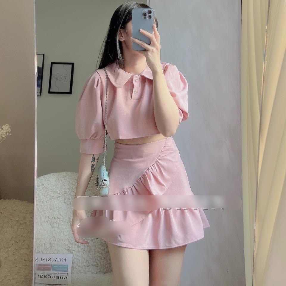 SET VÁY HỒNG TIỂU THƯ ÁO CROPTOP CỔ SEN + CHÂN VÁY