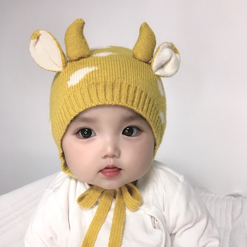 Mũ len trùm đầu họa tiết hoạt hình bò sữa xinh xắn cho bé