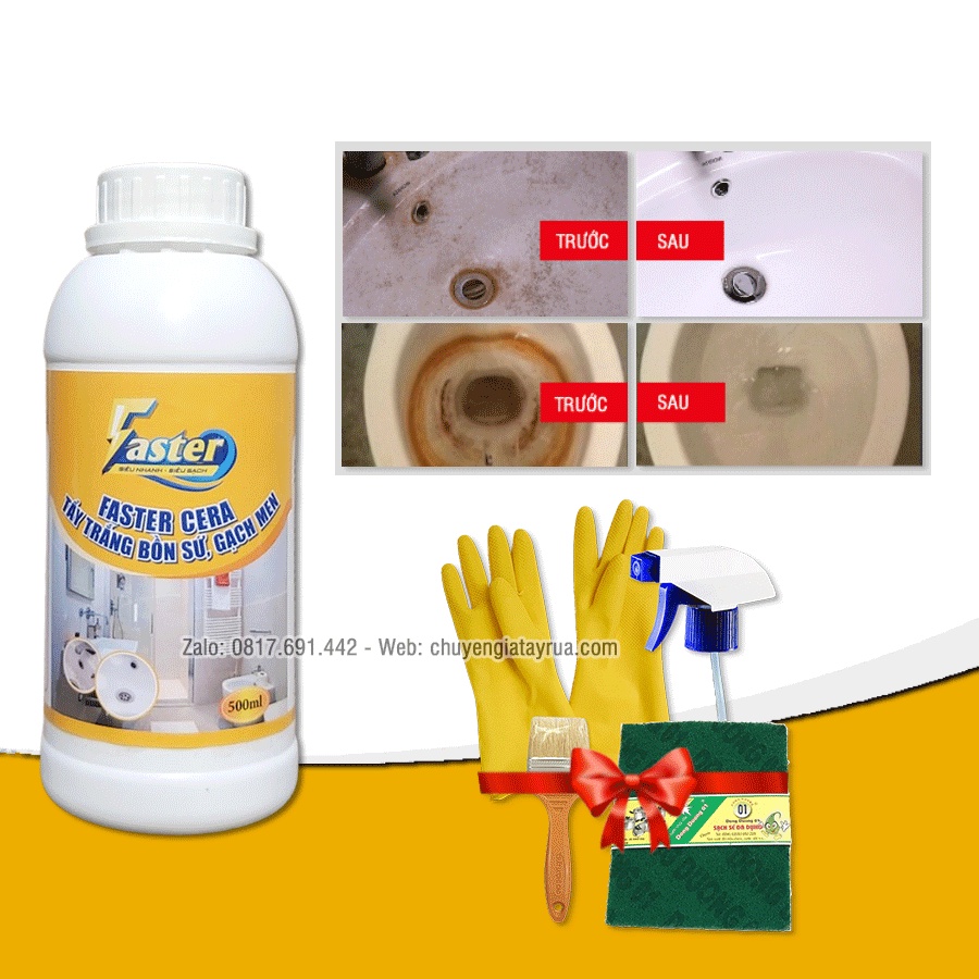 Combo Chất Tẩy Trắng Gạch Men, Tẩy Bồn Cầu, Bề Mặt Sứ Ố Vàng, Sỉn Màu, Đóng Cặn Lâu Ngày (Kèm bộ phụ kiện 4 món)