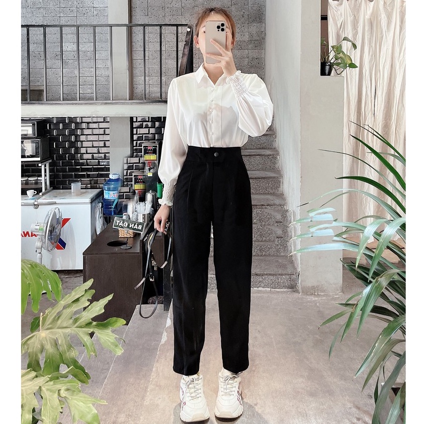 Quần tây baggy đi học nữ cạp có đai lưng cao màu xanh đen dáng dài Quần vải nữ công sở dày dặn phối áo sơ mi đi học làm