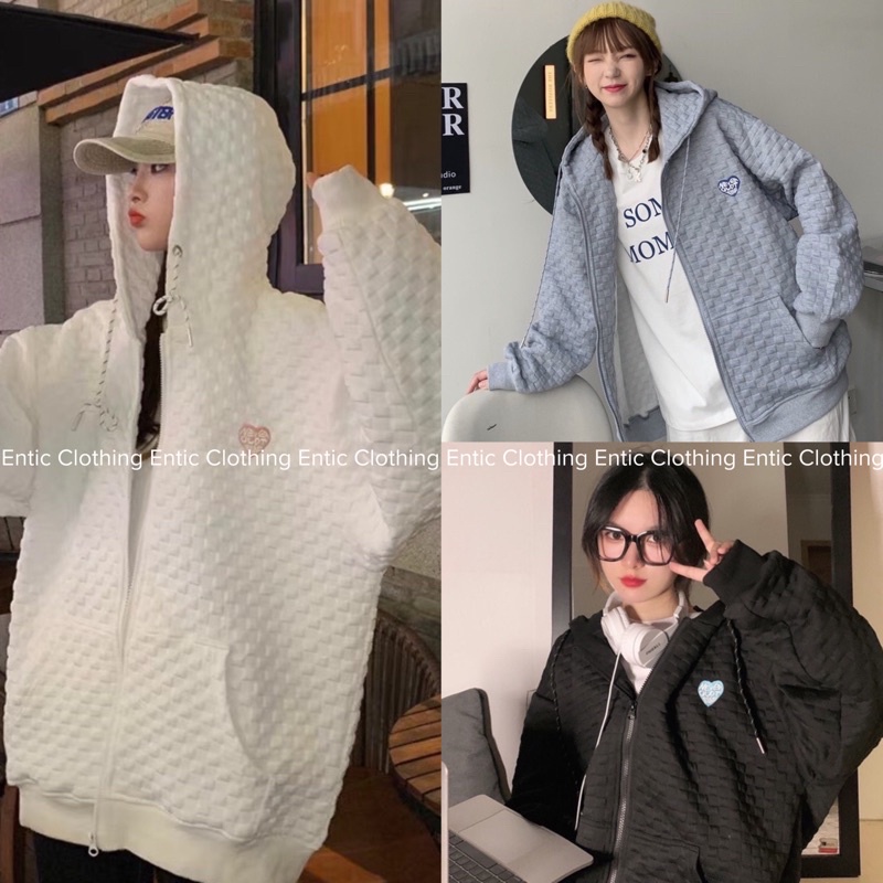 [100% Ảnh thật] Áo khoác hoodie khoá kéo thêu hình tim, ô đan vuông phong cách popcorn Hàn Quốc