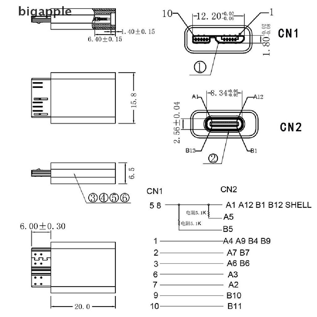 Bigapple USB Adapter Type C Female to USB 3.0 Micro B Male connector RDG