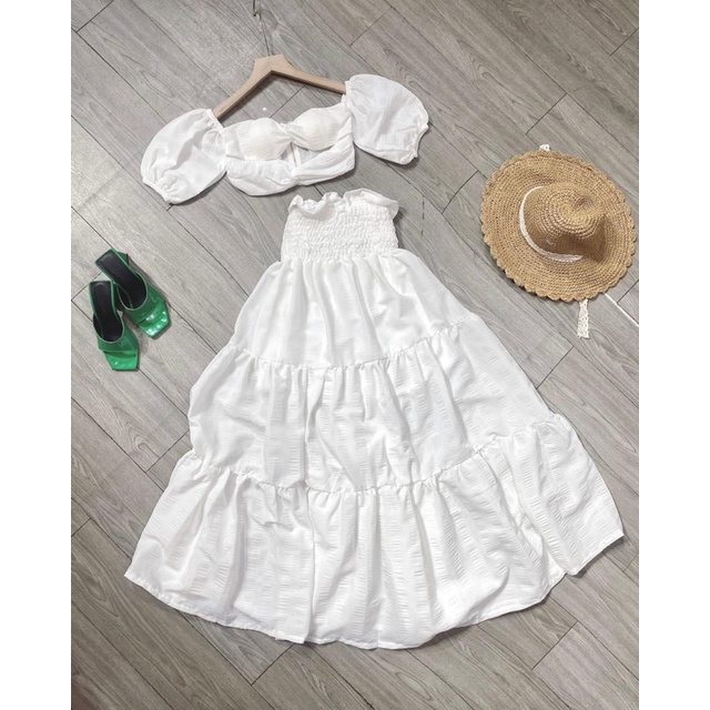 Váy đầm maxi trắng xốp khoét đi biển đi du lịch áo có bra