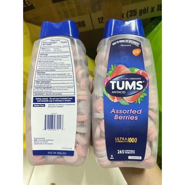 Kẹo nhai tkhó tiêu Tums Extra Strength Smoothies 265 viên date 2026