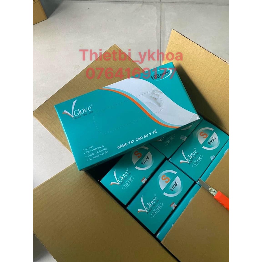 Hộp 100 Cái Găng Tay Vglove Có Bột - Găng Tay Cao Su Y Tế VGLOVE