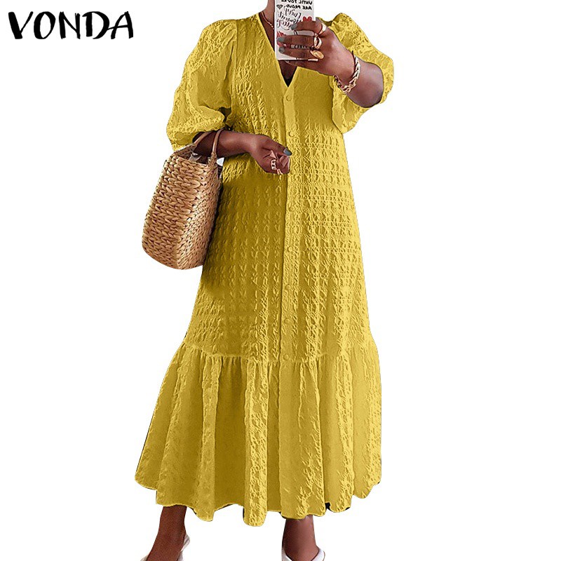 Đầm maxi VONDA màu trơn cổ v thiết kế xếp ly tay lửng có gài nút | BigBuy360 - bigbuy360.vn